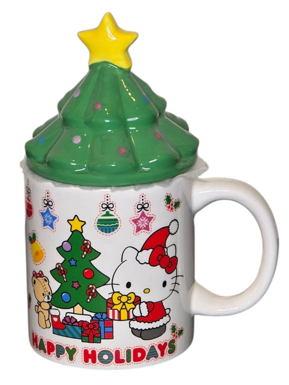 Hello Kitty Christmas Mug Tree Lid Happy Holidays Sanrio Ceramic Cup Kawaii